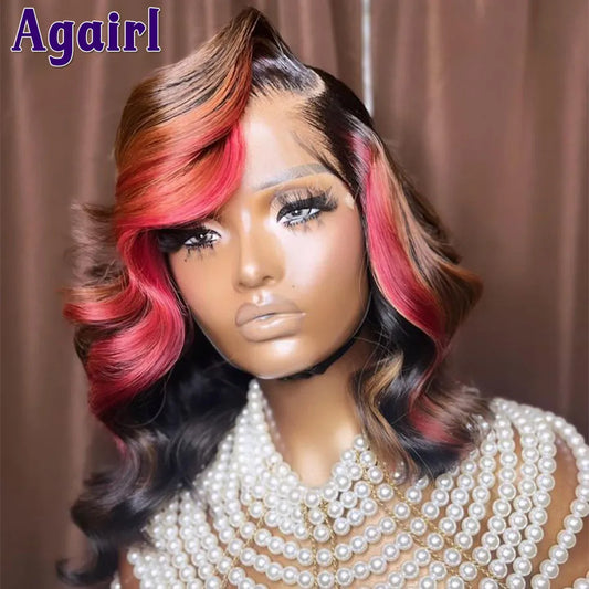 Ombre Red Blonde Short Bob 13x6 Wavy Lace Frontal Human Hair Wig